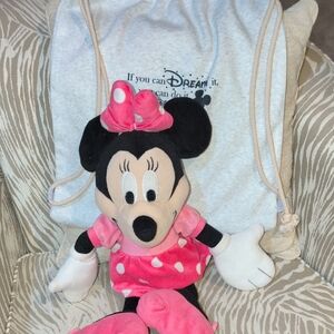 Disney Minnie Mouse Stuffed  Animal And a Walt Disney Drawstring  Bag